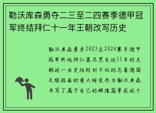 勒沃库森勇夺二三至二四赛季德甲冠军终结拜仁十一年王朝改写历史