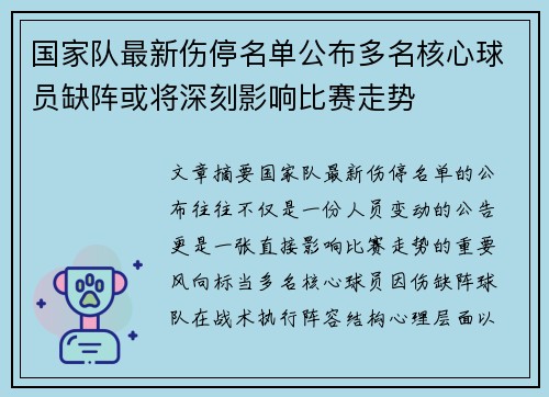 国家队最新伤停名单公布多名核心球员缺阵或将深刻影响比赛走势
