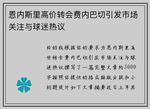 恩内斯里高价转会费内巴切引发市场关注与球迷热议