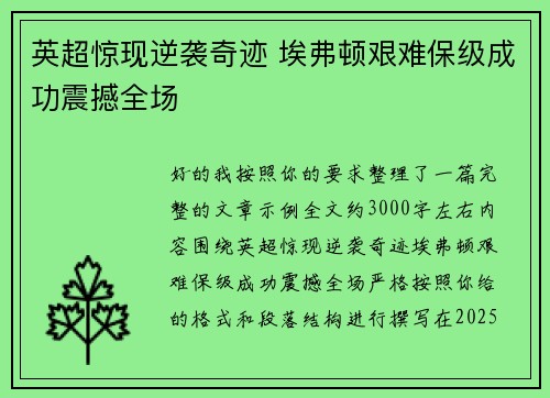 英超惊现逆袭奇迹 埃弗顿艰难保级成功震撼全场